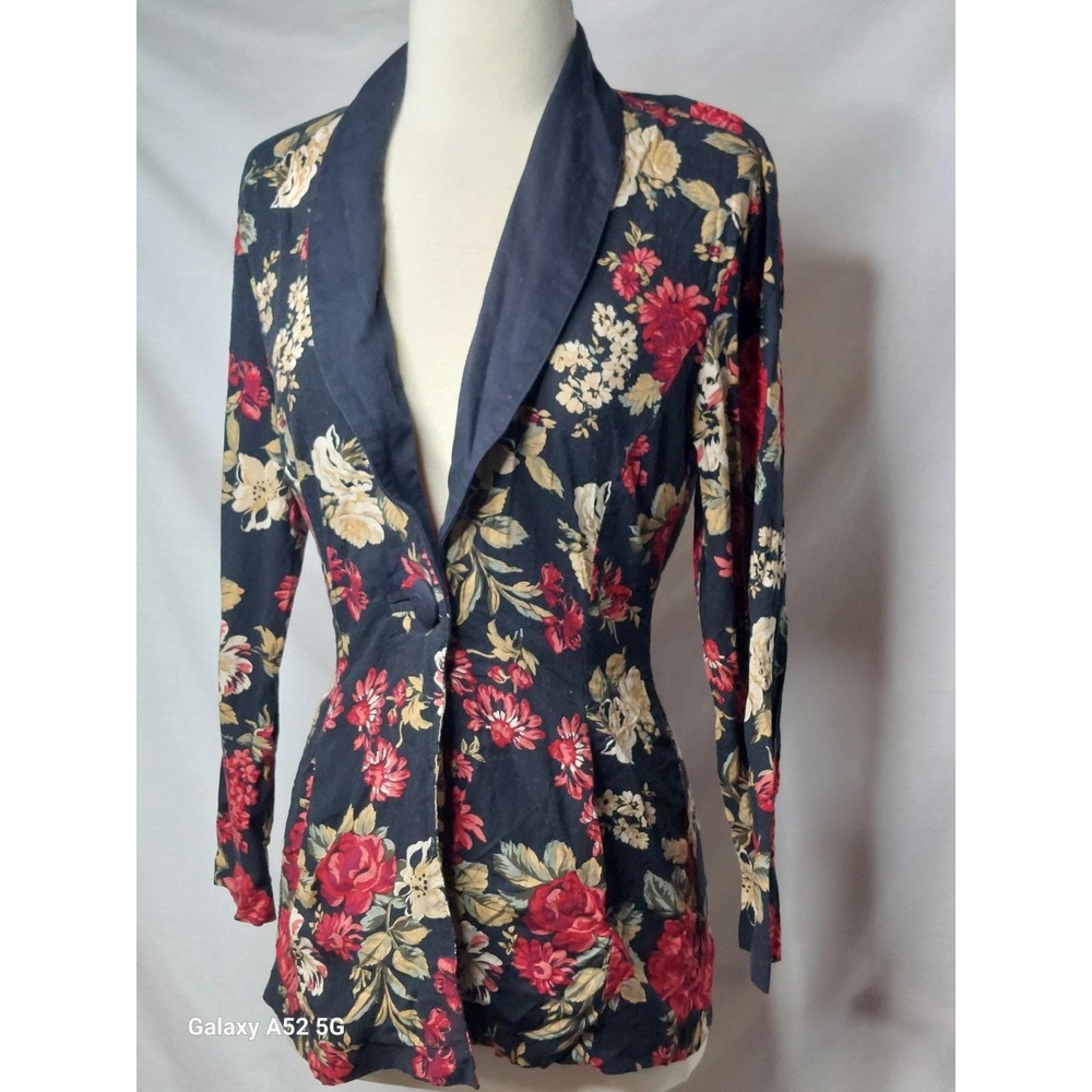 Vintage Floral Blazer Jacket Womens M Black Rose USA Pockets Grunge 90s Y2K